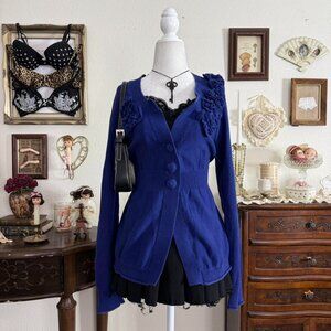 y2k girly grunge twee whimsical blue knit babydoll cardigan w knit floral rosett
